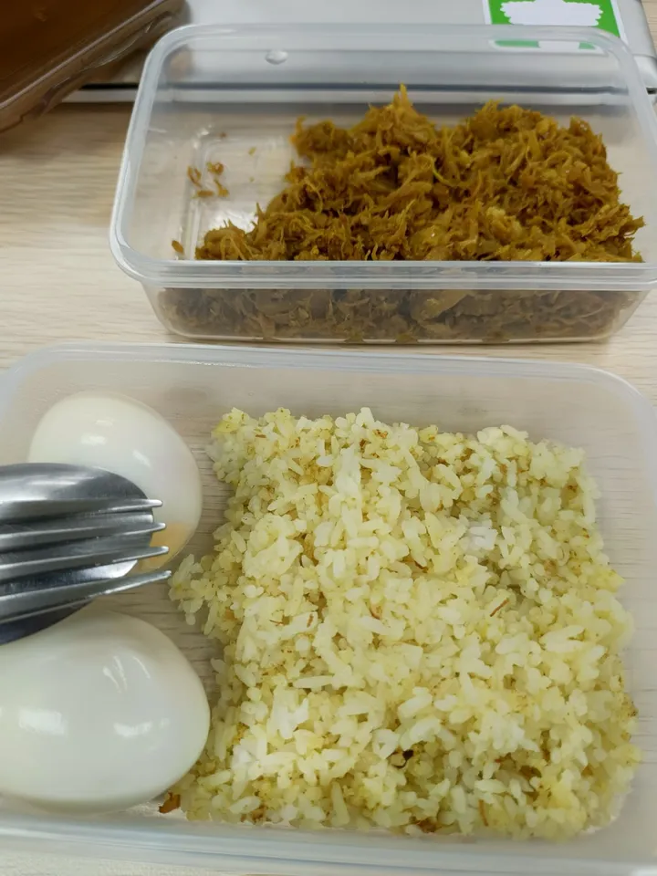 A packed lunch in two plastic containers: adobo flakes in one, garlic rice and two boiled eggs in the other, with a spoon and fork.